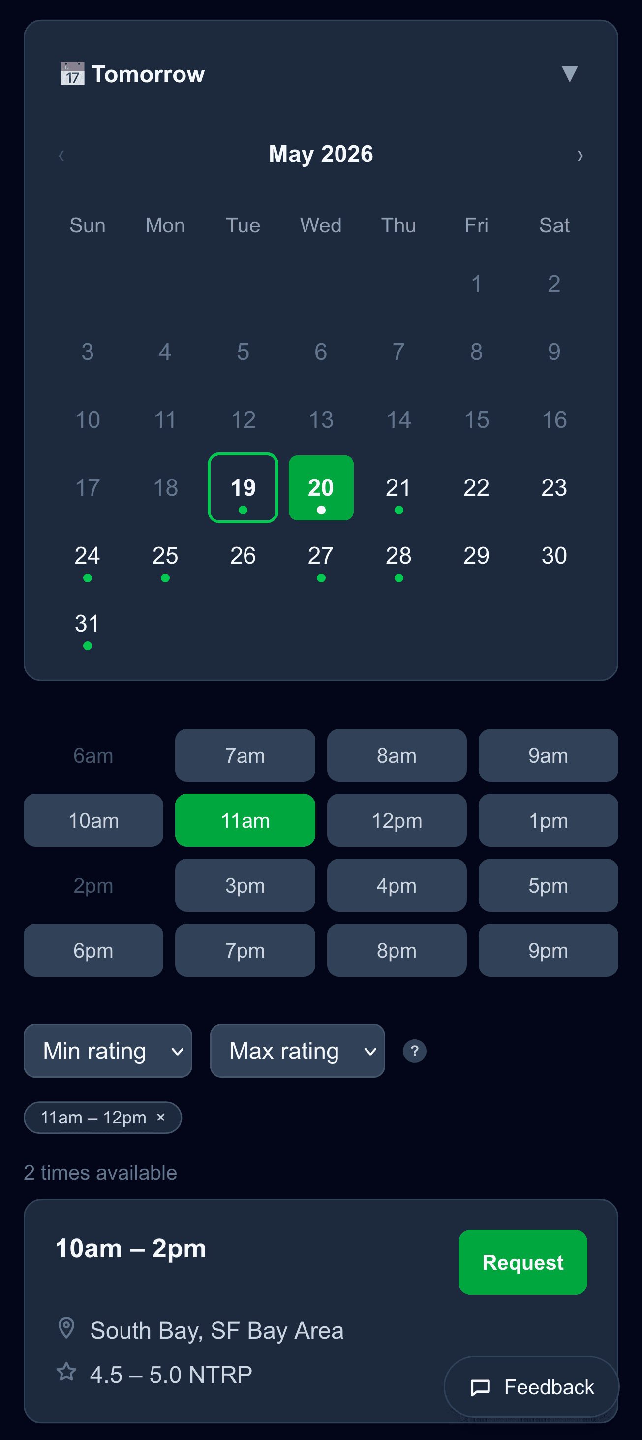 Tenniso browse view — calendar with open availability in your area